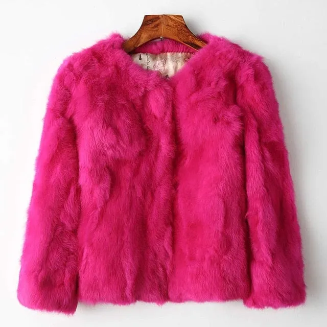 Genuine Full Pelt Fur Jacket Women's Design Rabbit Fur Coat Natural Wholeskin Fur Coat O-Neck Fashion Slim Thin Rabbit Fur Coat