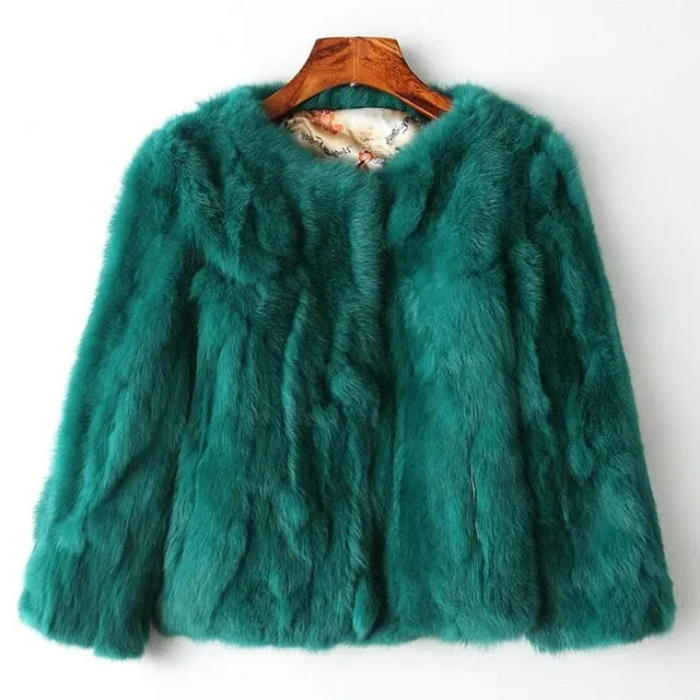 Genuine Full Pelt Fur Jacket Women's Design Rabbit Fur Coat Natural Wholeskin Fur Coat O-Neck Fashion Slim Thin Rabbit Fur Coat