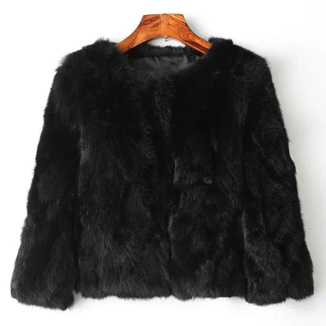 Genuine Full Pelt Fur Jacket Women's Design Rabbit Fur Coat Natural Wholeskin Fur Coat O-Neck Fashion Slim Thin Rabbit Fur Coat
