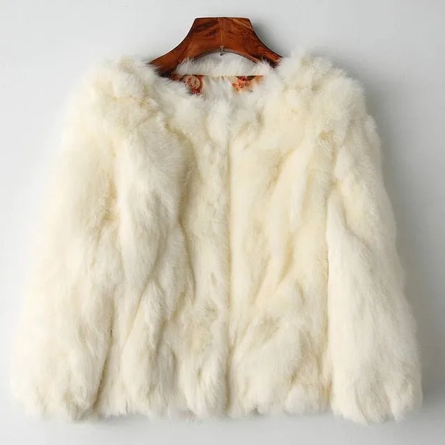 Genuine Full Pelt Fur Jacket Women's Design Rabbit Fur Coat Natural Wholeskin Fur Coat O-Neck Fashion Slim Thin Rabbit Fur Coat
