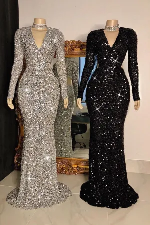 Glittering Crystal Sequins Long Sleevess V-neck Mermaid Prom Dresses