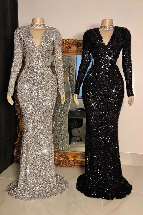 Glittering Crystal Sequins Long Sleevess V-neck Mermaid Prom Dresses