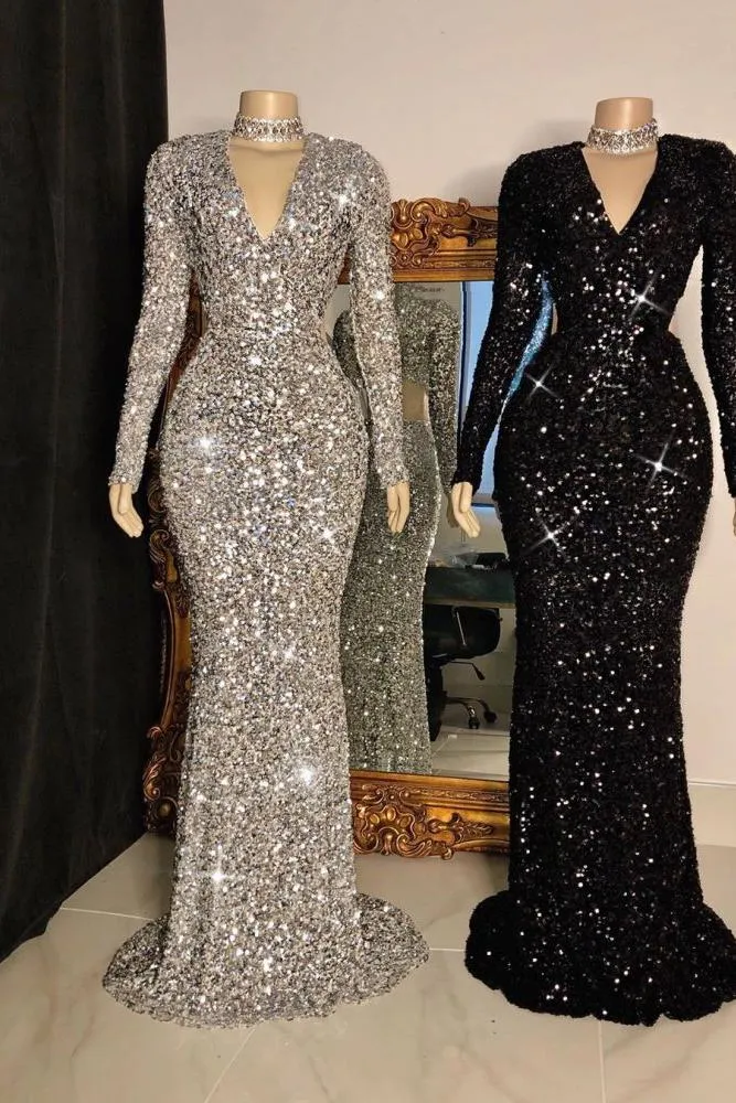 Glittering Crystal Sequins Long Sleevess V-neck Mermaid Prom Dresses