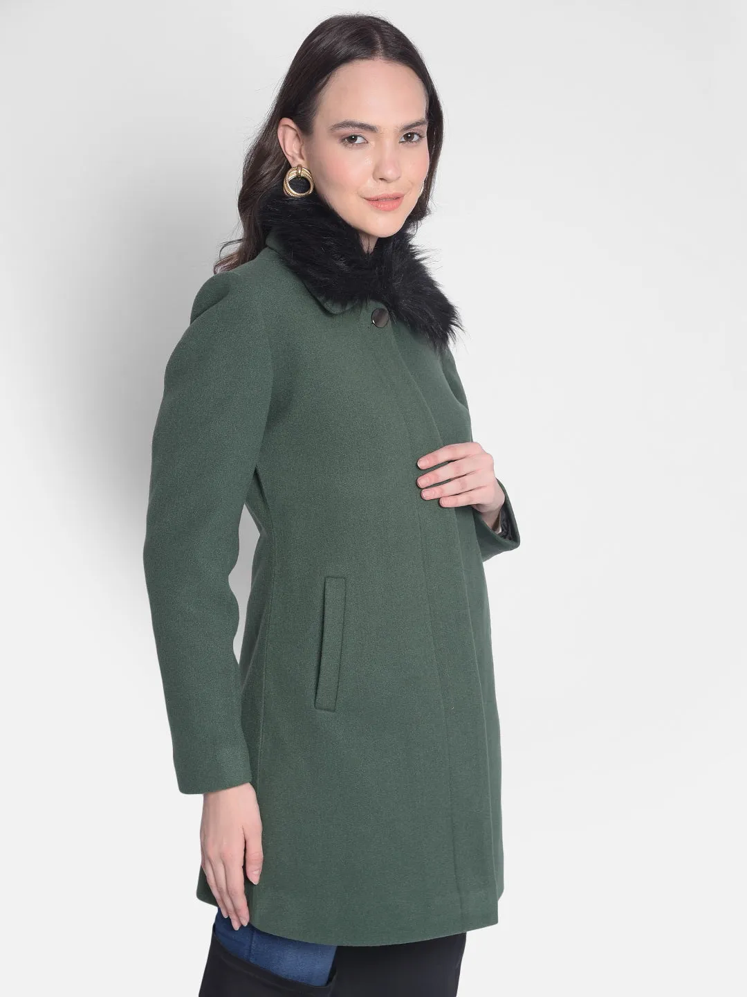 Green Overcoat With faux fur detail