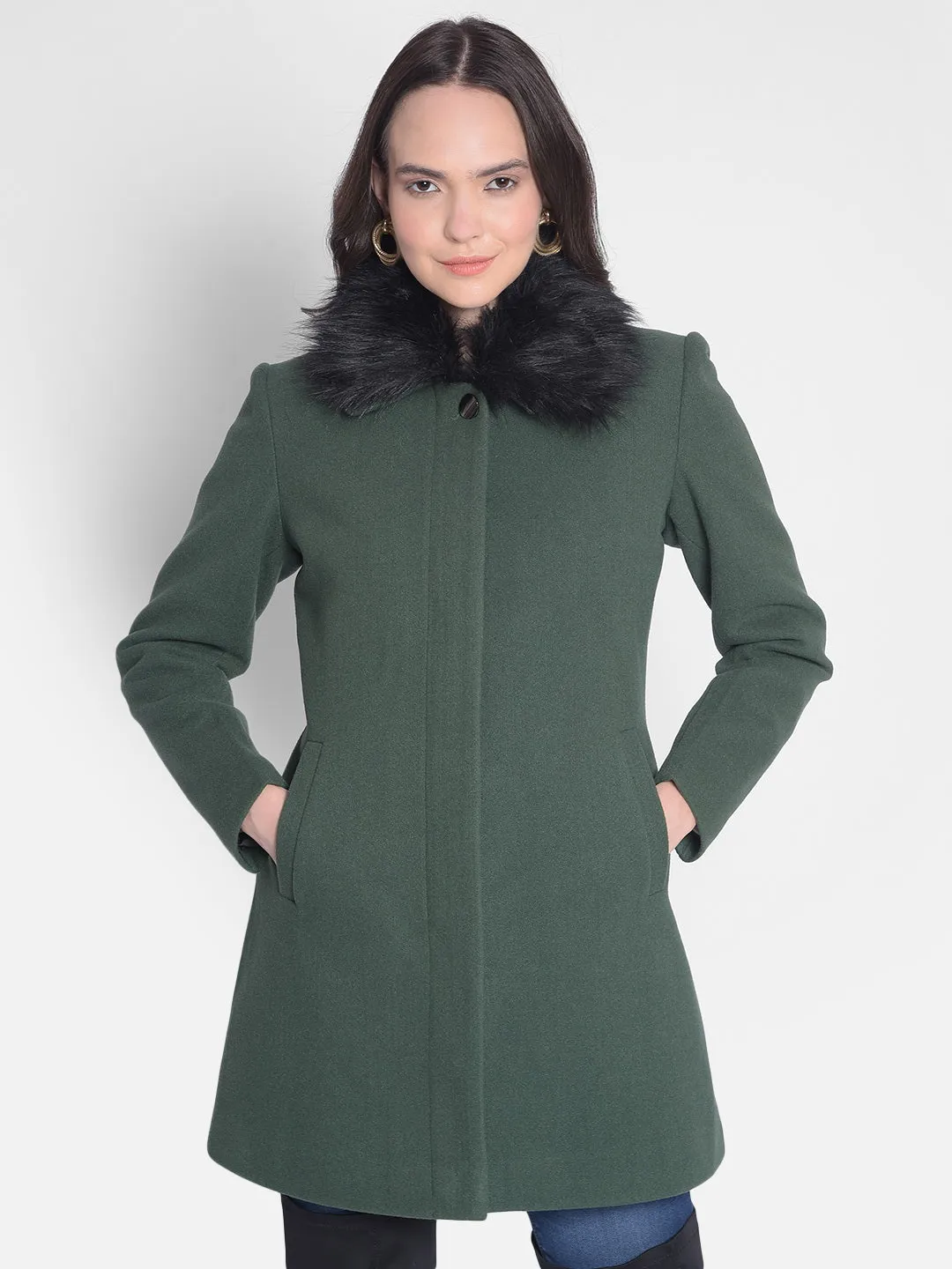 Green Overcoat With faux fur detail