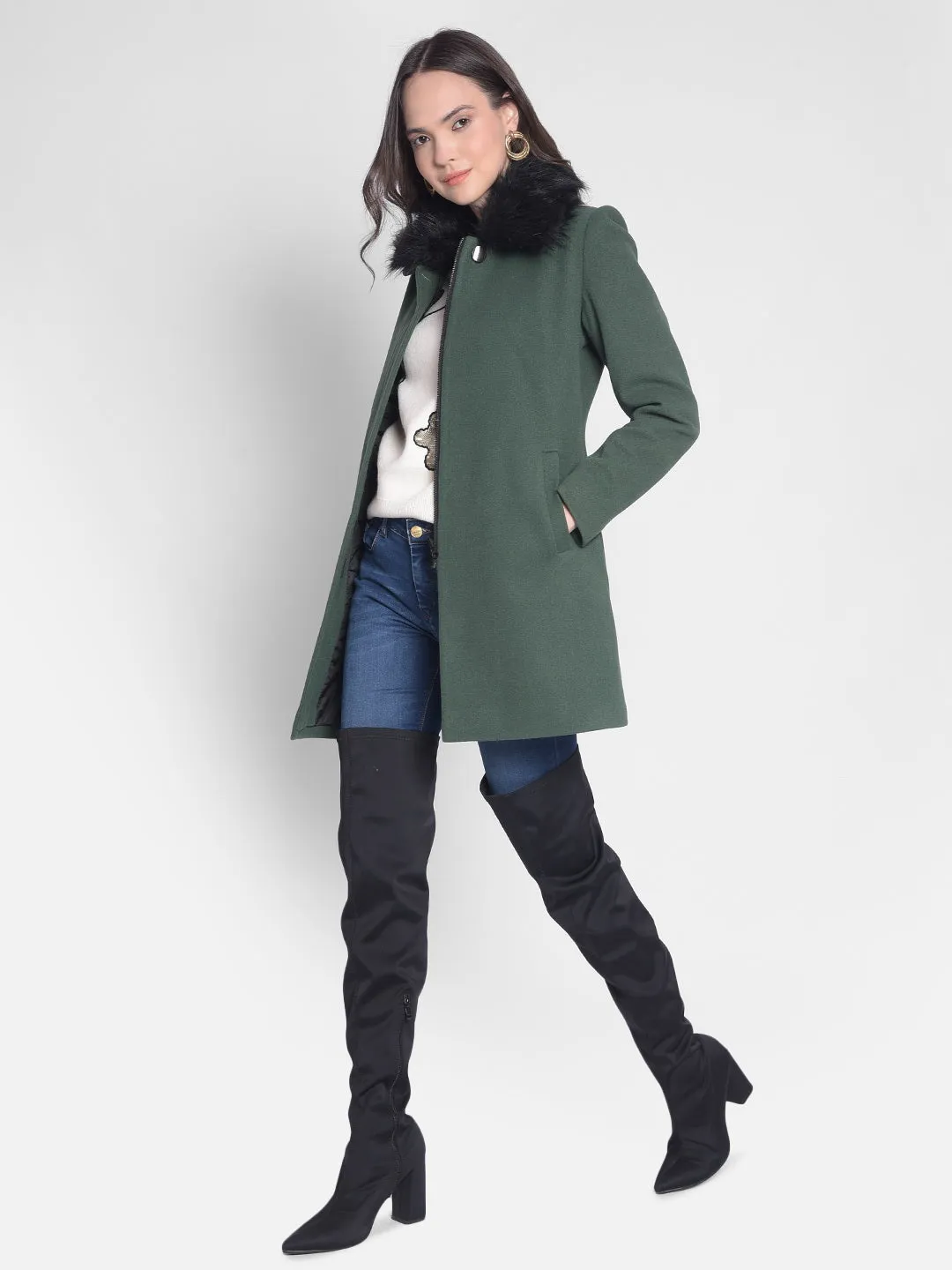 Green Overcoat With faux fur detail