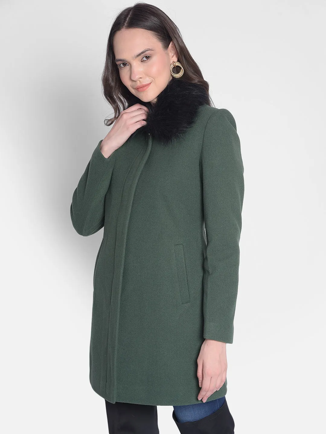 Green Overcoat With faux fur detail