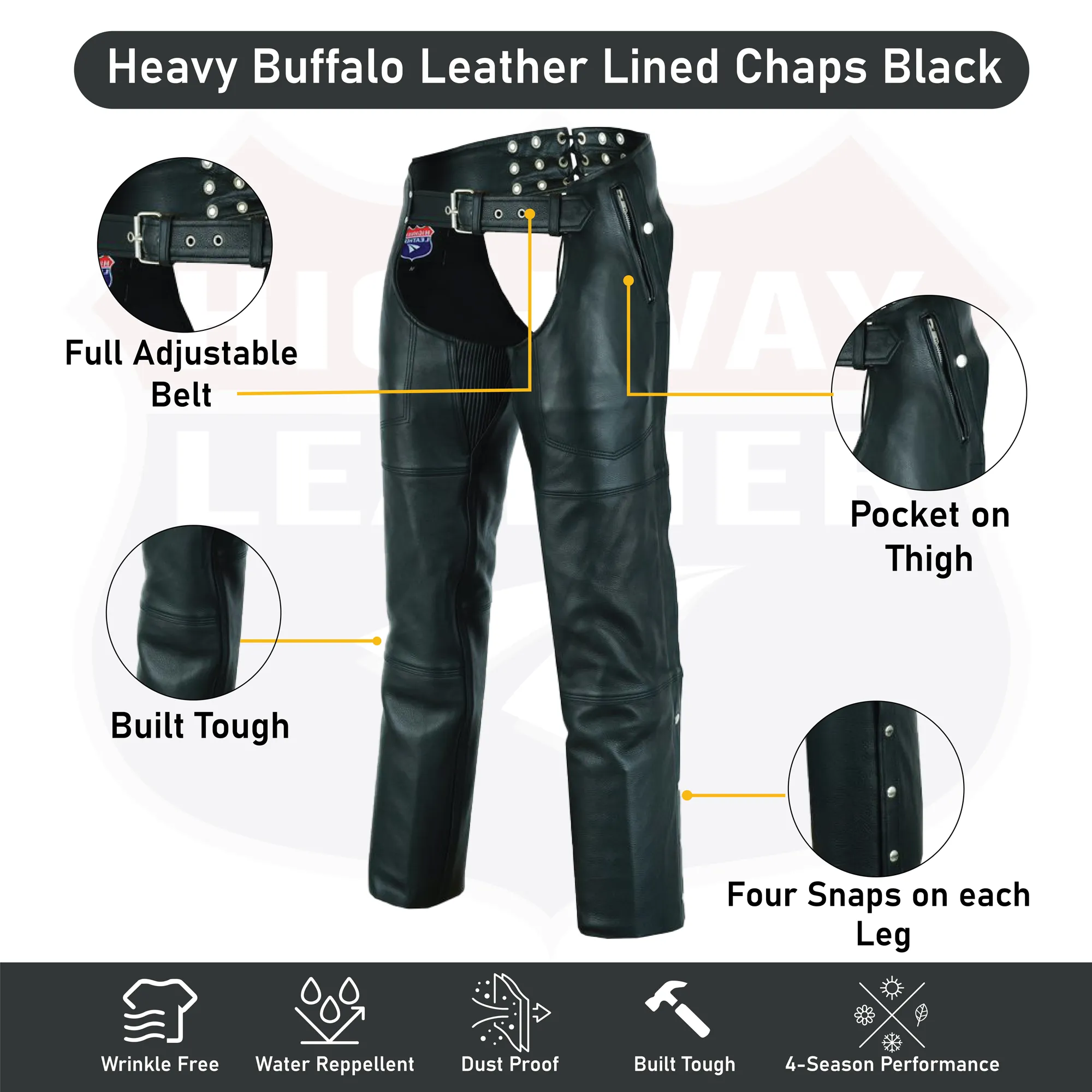 HL12840NKD Heavy Buffalo Leather Lined Chaps Motorcycle Riding Biker Chap Black