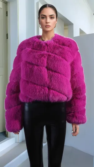 Hot Pink Thick Faux Fur Paneled Layered Jacket