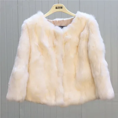 Hot Women Real Rabbit Fur Coat Natural Rex Rabbit Fur Coat O-Neck Fashion Slim Thin Rabbit Fur Coat Full Pelt Genuine Fur Jacket