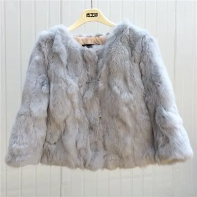 Hot Women Real Rabbit Fur Coat Natural Rex Rabbit Fur Coat O-Neck Fashion Slim Thin Rabbit Fur Coat Full Pelt Genuine Fur Jacket
