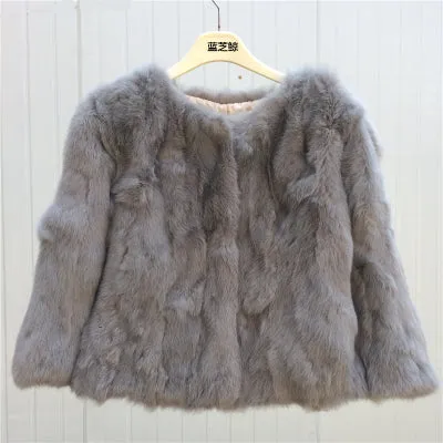 Hot Women Real Rabbit Fur Coat Natural Rex Rabbit Fur Coat O-Neck Fashion Slim Thin Rabbit Fur Coat Full Pelt Genuine Fur Jacket