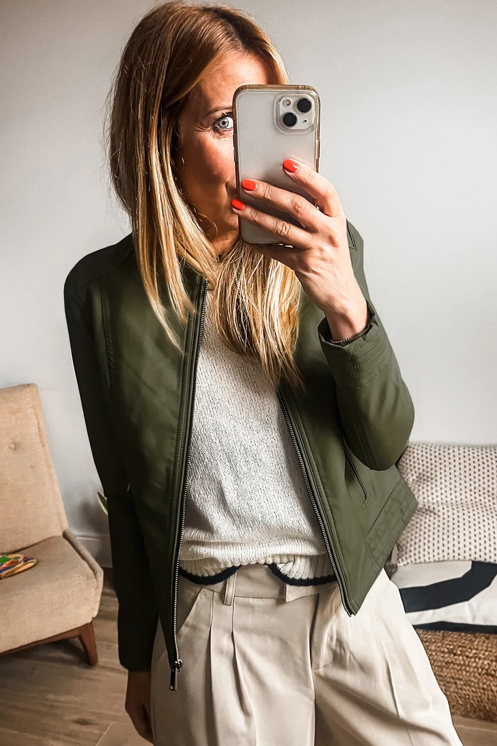 KaleaBoutique Solid Faux Leather Zipper Slim Fit Bomber Jacket