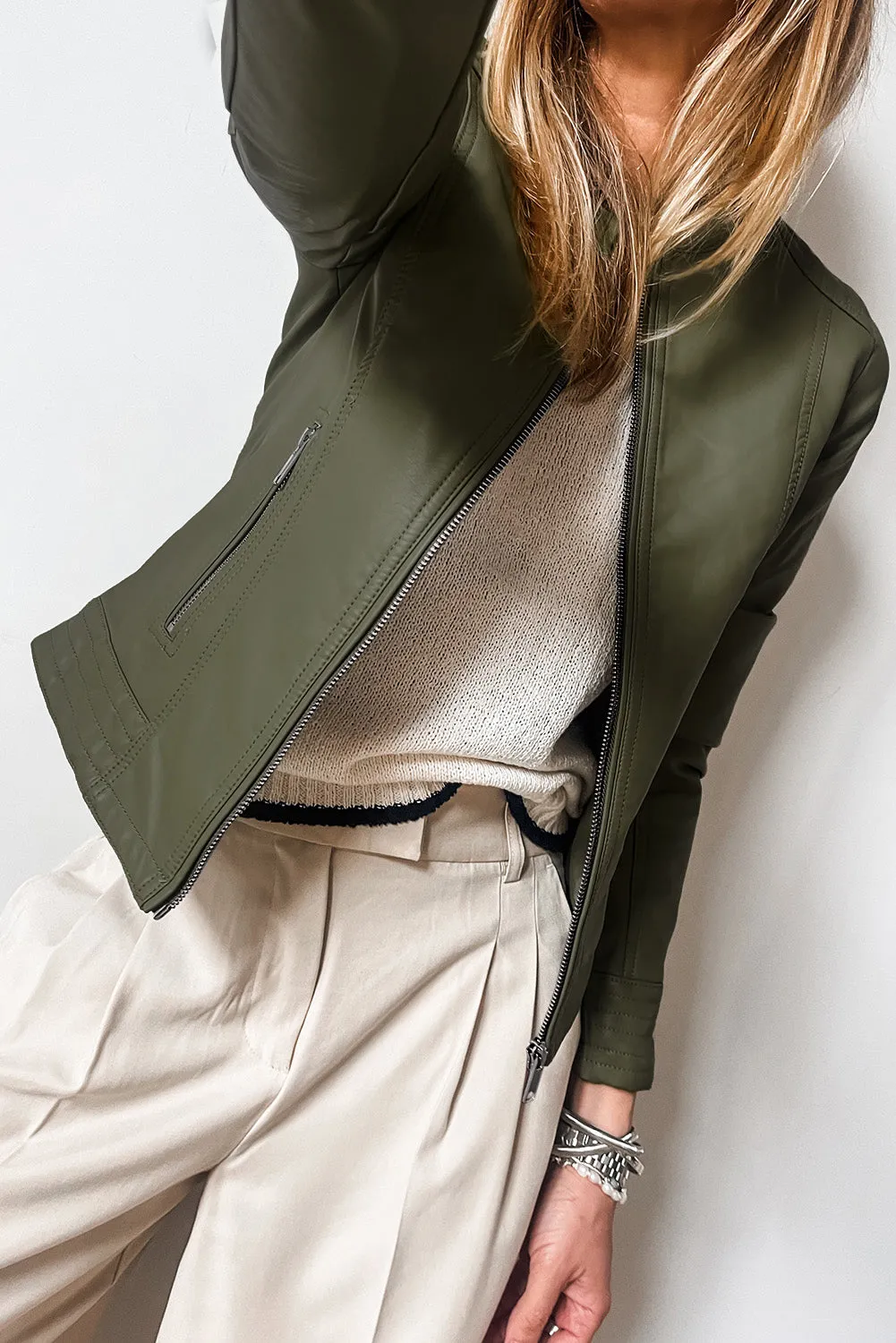KaleaBoutique Solid Faux Leather Zipper Slim Fit Bomber Jacket