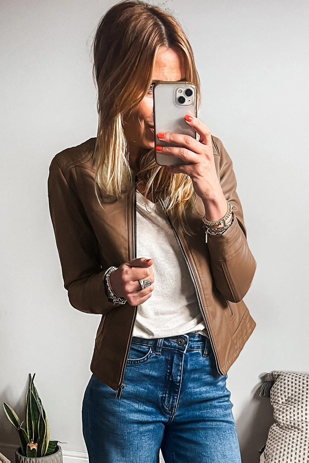 KaleaBoutique Solid Faux Leather Zipper Slim Fit Bomber Jacket