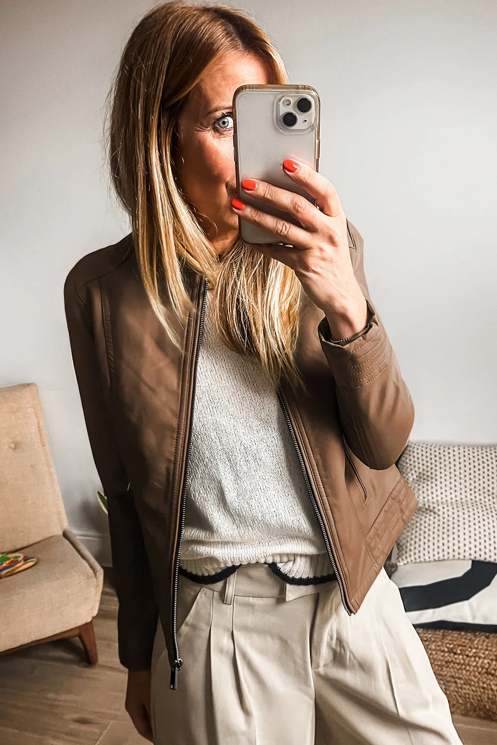 KaleaBoutique Solid Faux Leather Zipper Slim Fit Bomber Jacket