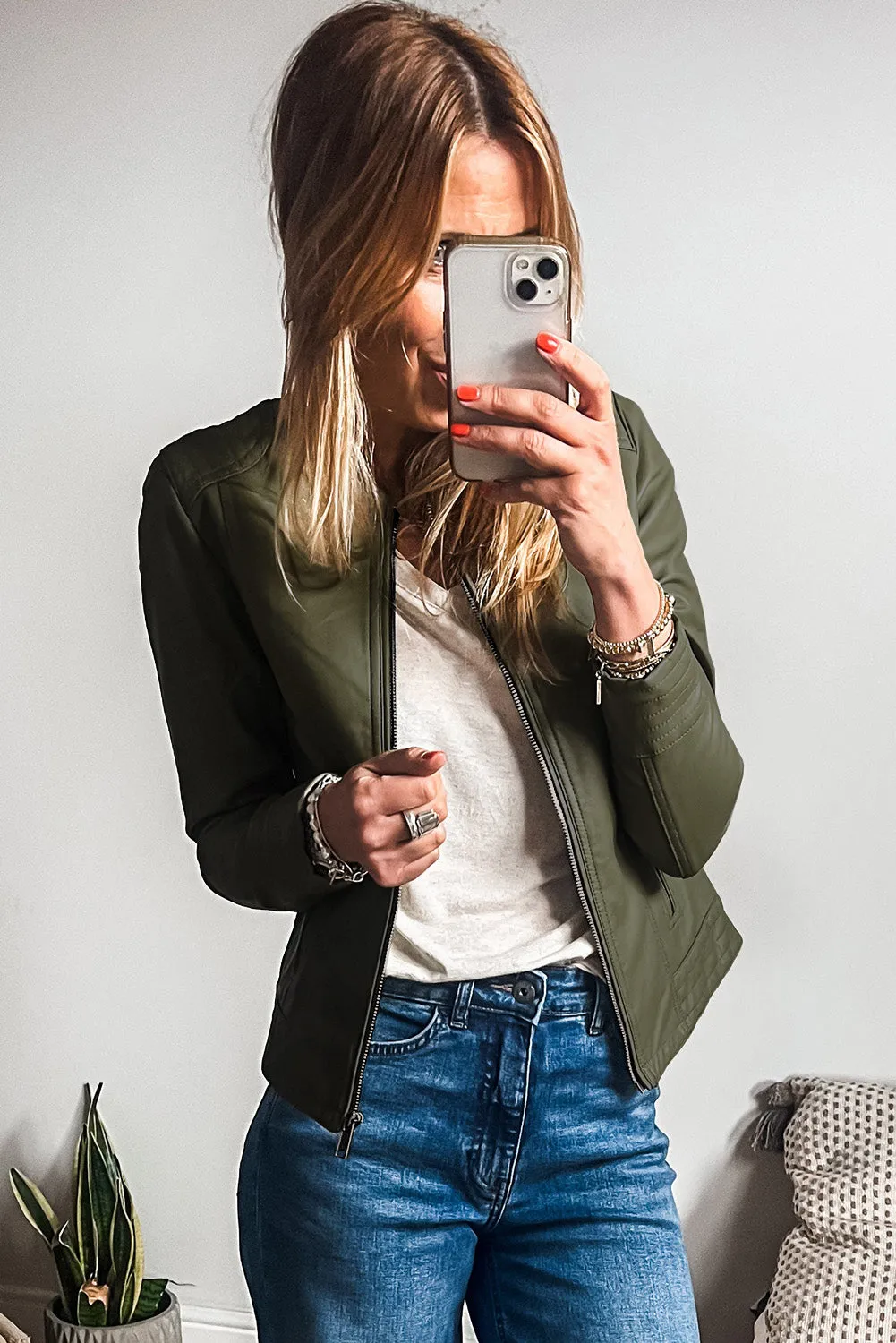 KaleaBoutique Solid Faux Leather Zipper Slim Fit Bomber Jacket