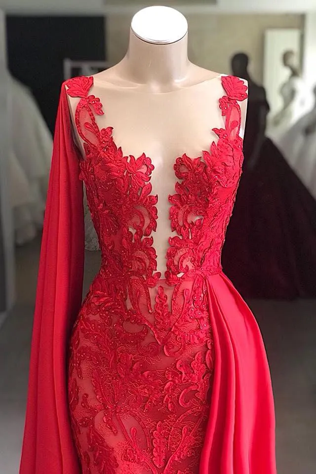 Lace Long Evening Dresses Sleeveless Red Prom Dresses with Cape
