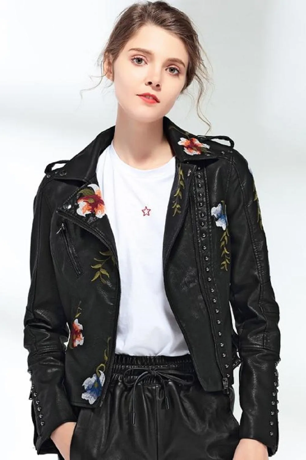 Ladies Floral Soft Faux Leather Jacket