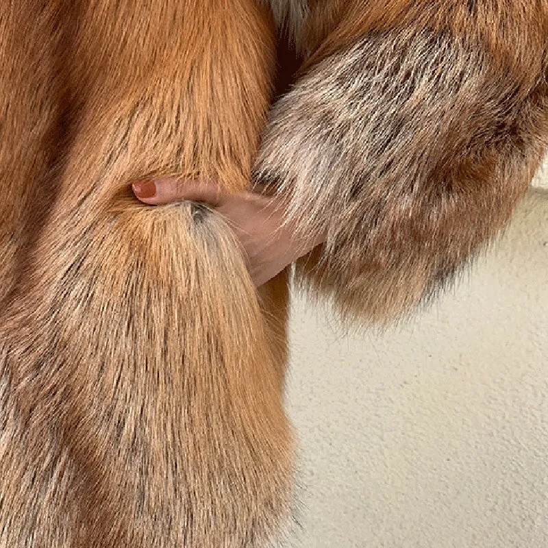 Lady Natural Fox Fur Coat 2022 New Fluffy Long Sleeve Slit Luxury Warm Overcoat  Winter 4921