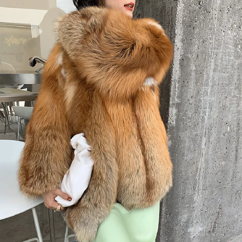 Lady Natural Fox Fur Coat 2022 New Fluffy Long Sleeve Slit Luxury Warm Overcoat  Winter 4921