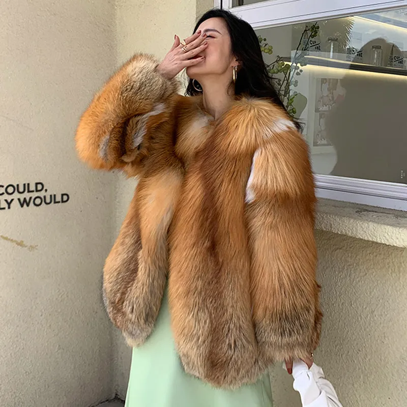 Lady Natural Fox Fur Coat 2022 New Fluffy Long Sleeve Slit Luxury Warm Overcoat  Winter 4921