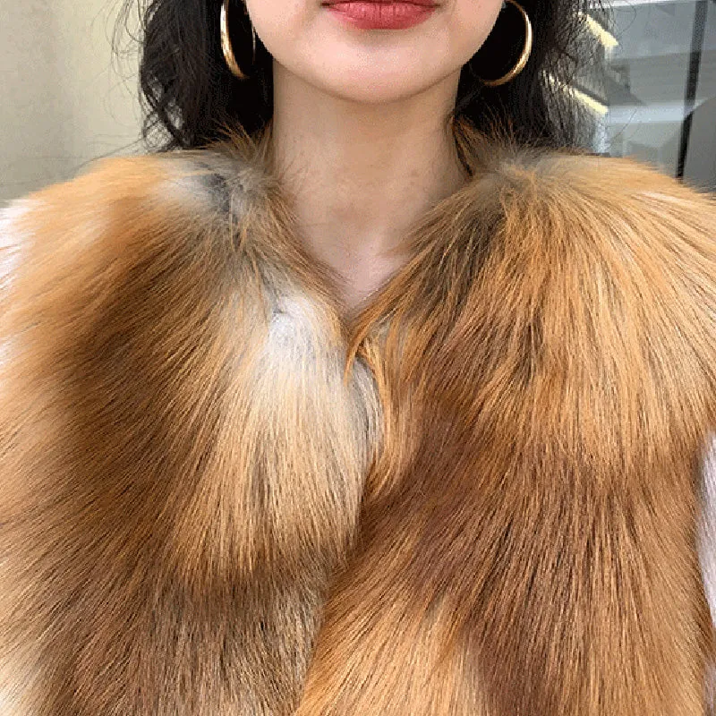 Lady Natural Fox Fur Coat 2022 New Fluffy Long Sleeve Slit Luxury Warm Overcoat  Winter 4921