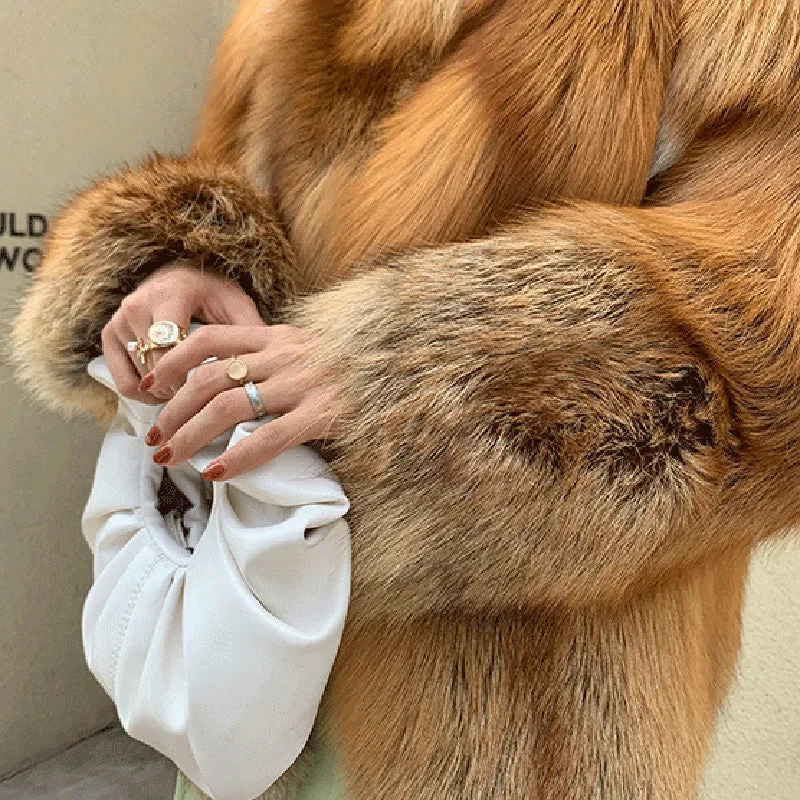 Lady Natural Fox Fur Coat 2022 New Fluffy Long Sleeve Slit Luxury Warm Overcoat  Winter 4921