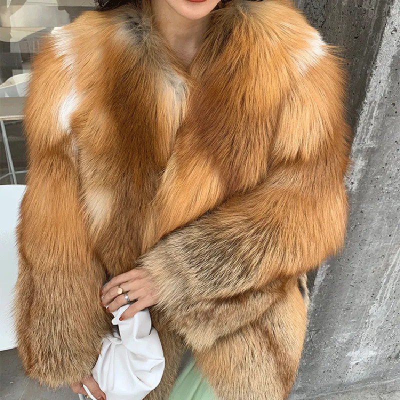 Lady Natural Fox Fur Coat 2022 New Fluffy Long Sleeve Slit Luxury Warm Overcoat  Winter 4921