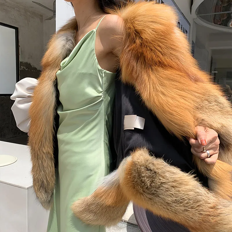 Lady Natural Fox Fur Coat 2022 New Fluffy Long Sleeve Slit Luxury Warm Overcoat  Winter 4921