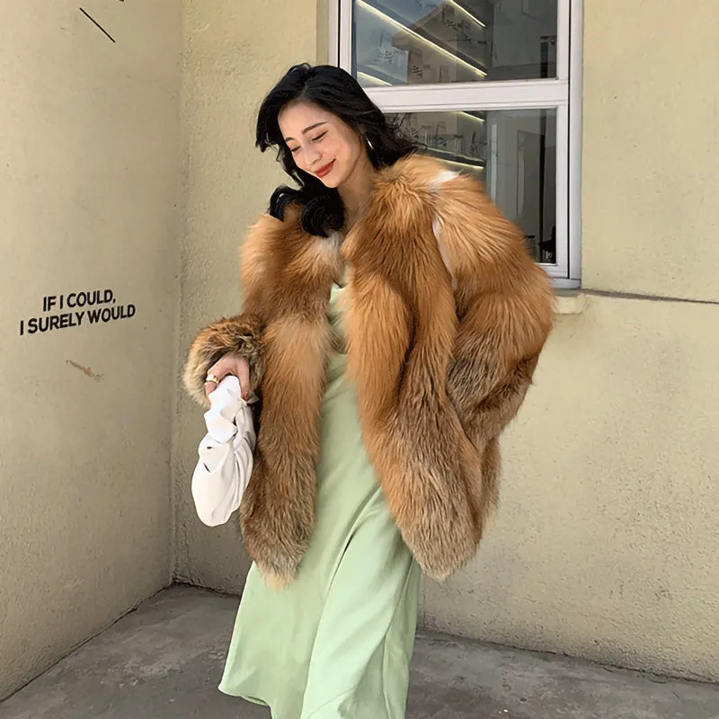Lady Natural Fox Fur Coat 2022 New Fluffy Long Sleeve Slit Luxury Warm Overcoat  Winter 4921
