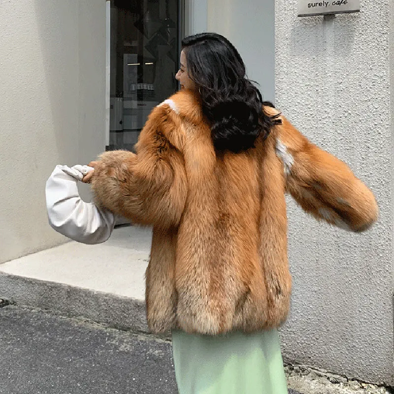 Lady Natural Fox Fur Coat 2022 New Fluffy Long Sleeve Slit Luxury Warm Overcoat  Winter 4921