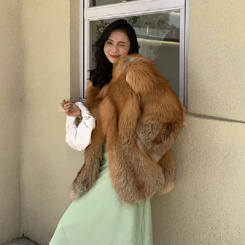 Lady Natural Fox Fur Coat 2022 New Fluffy Long Sleeve Slit Luxury Warm Overcoat  Winter 4921