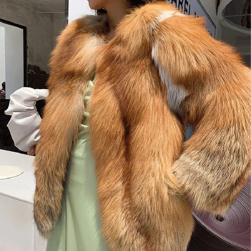 Lady Natural Fox Fur Coat 2022 New Fluffy Long Sleeve Slit Luxury Warm Overcoat  Winter 4921