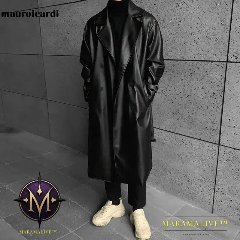 Long Black Oversized Faux Leather Trench Coat Men 2022 Drop Shoulder Belt Faux Leather Coats for Men