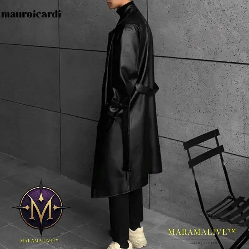 Long Black Oversized Faux Leather Trench Coat Men 2022 Drop Shoulder Belt Faux Leather Coats for Men