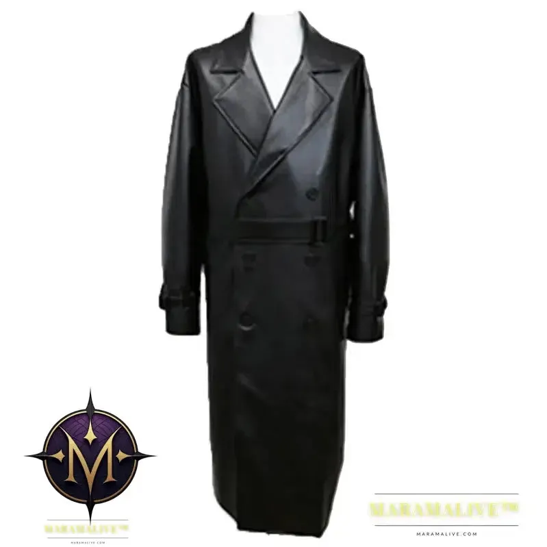 Long Black Oversized Faux Leather Trench Coat Men 2022 Drop Shoulder Belt Faux Leather Coats for Men