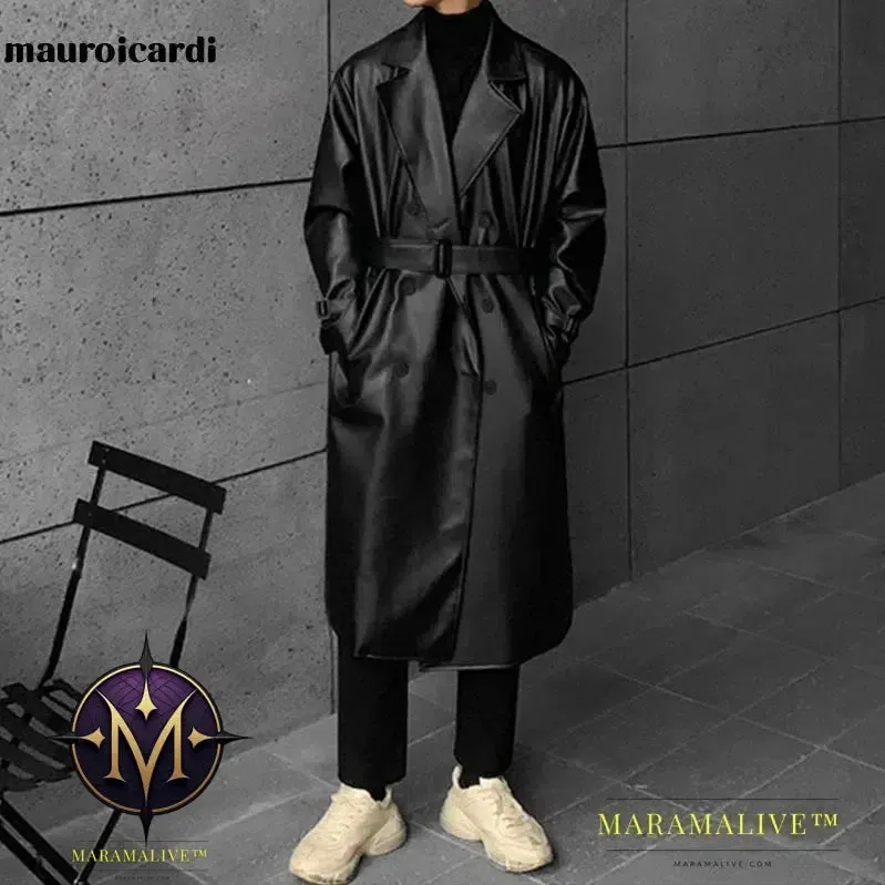 Long Black Oversized Faux Leather Trench Coat Men 2022 Drop Shoulder Belt Faux Leather Coats for Men