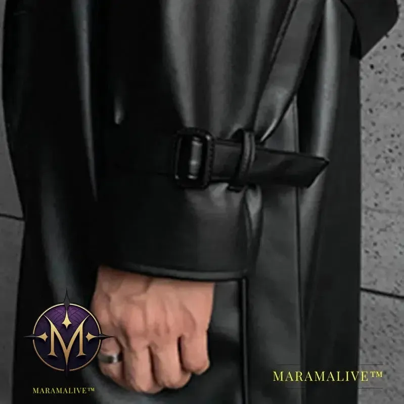 Long Black Oversized Faux Leather Trench Coat Men 2022 Drop Shoulder Belt Faux Leather Coats for Men
