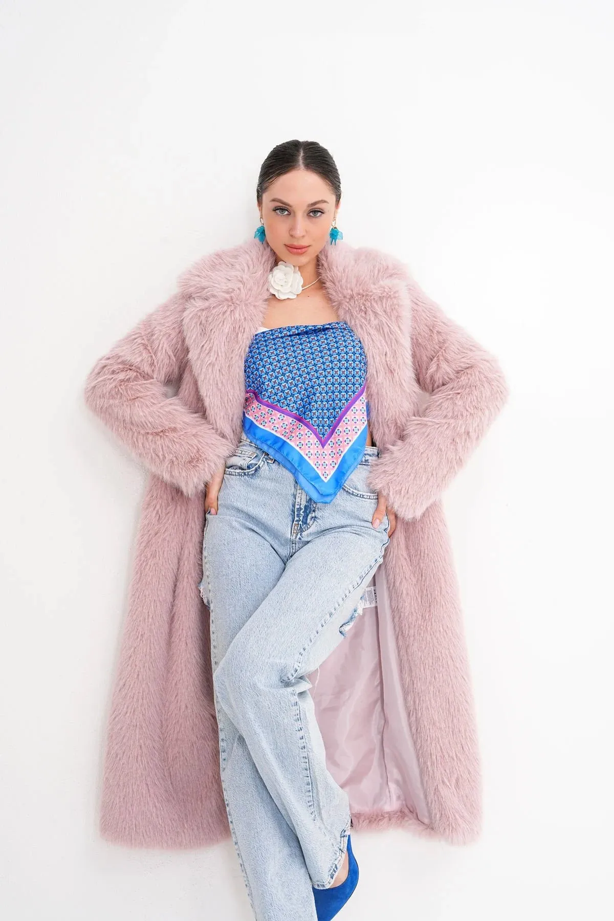 Long  Faux Fur Coat – Soft Blush Pink