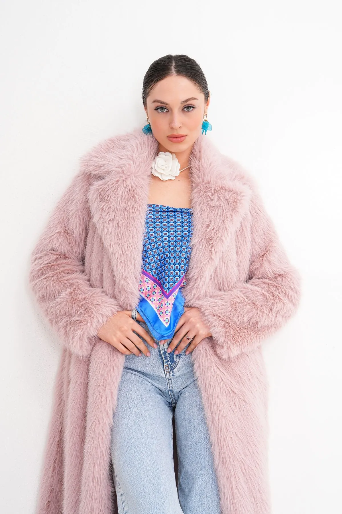 Long  Faux Fur Coat – Soft Blush Pink