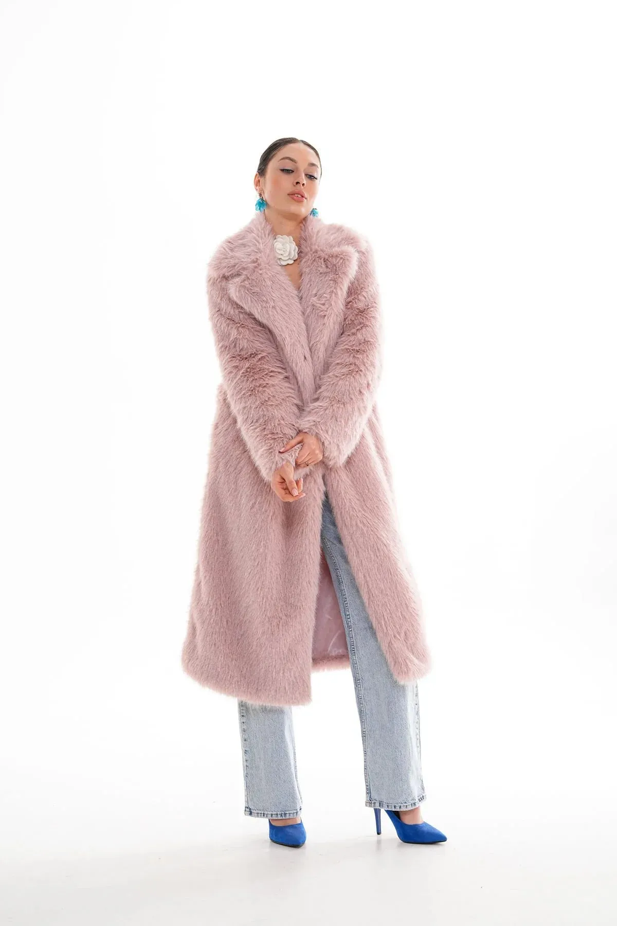 Long  Faux Fur Coat – Soft Blush Pink