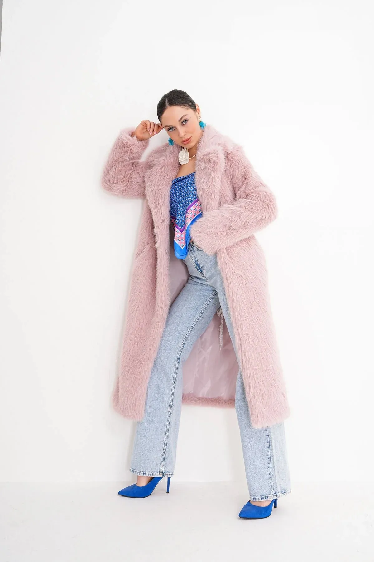 Long  Faux Fur Coat – Soft Blush Pink