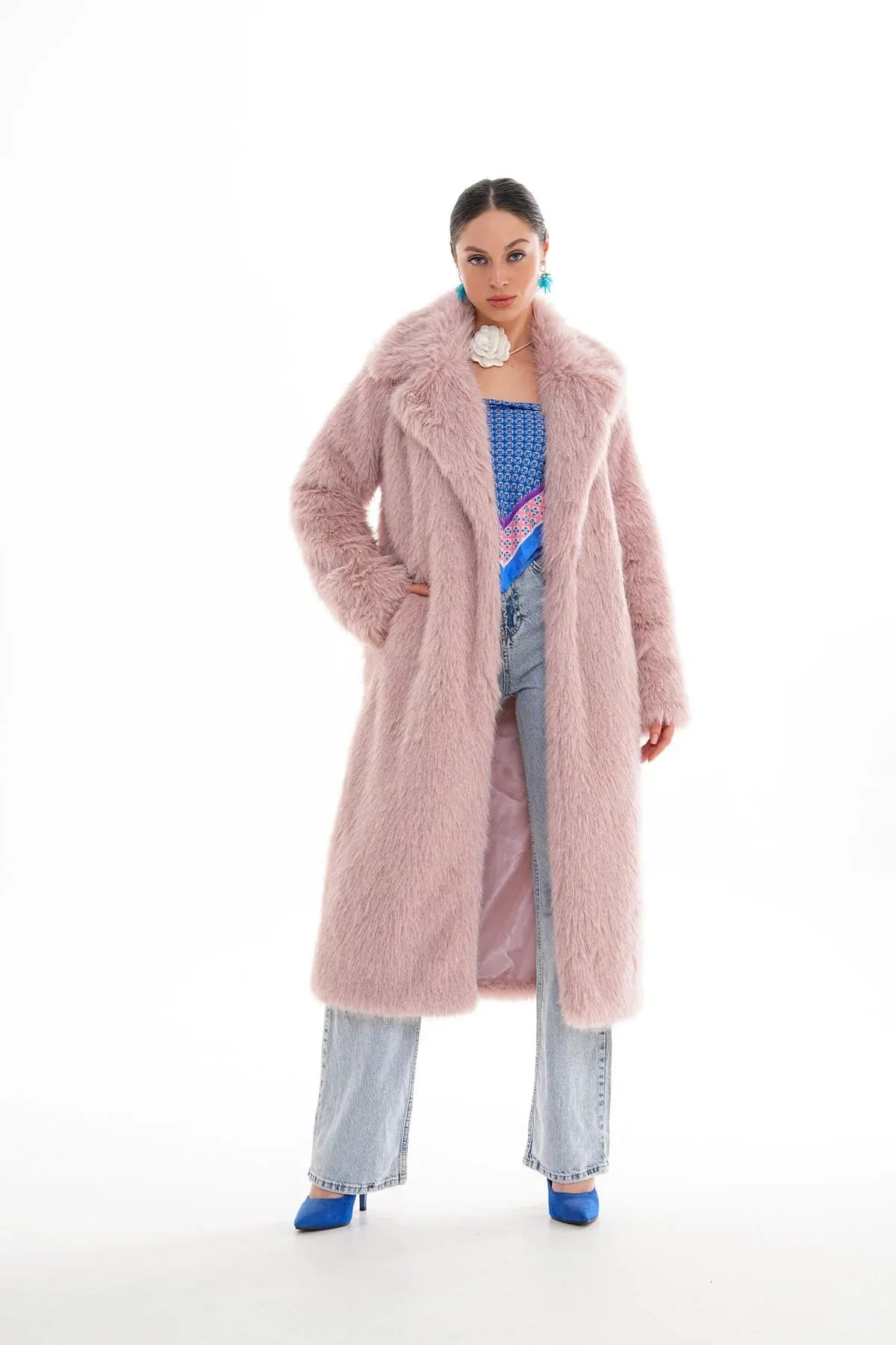 Long  Faux Fur Coat – Soft Blush Pink