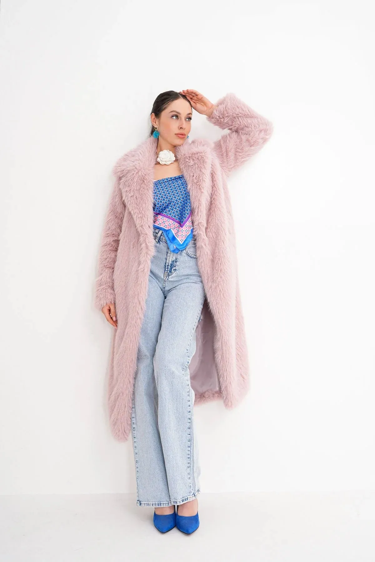 Long  Faux Fur Coat – Soft Blush Pink