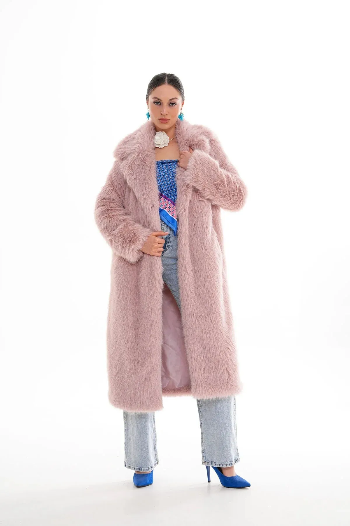 Long  Faux Fur Coat – Soft Blush Pink