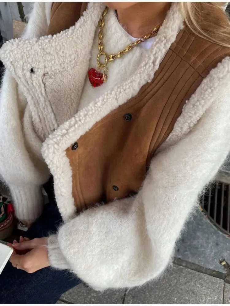 Long Sleeve Coat Faux Fur Lapel for Women With Zipper Pockets Thick Warm Jacket