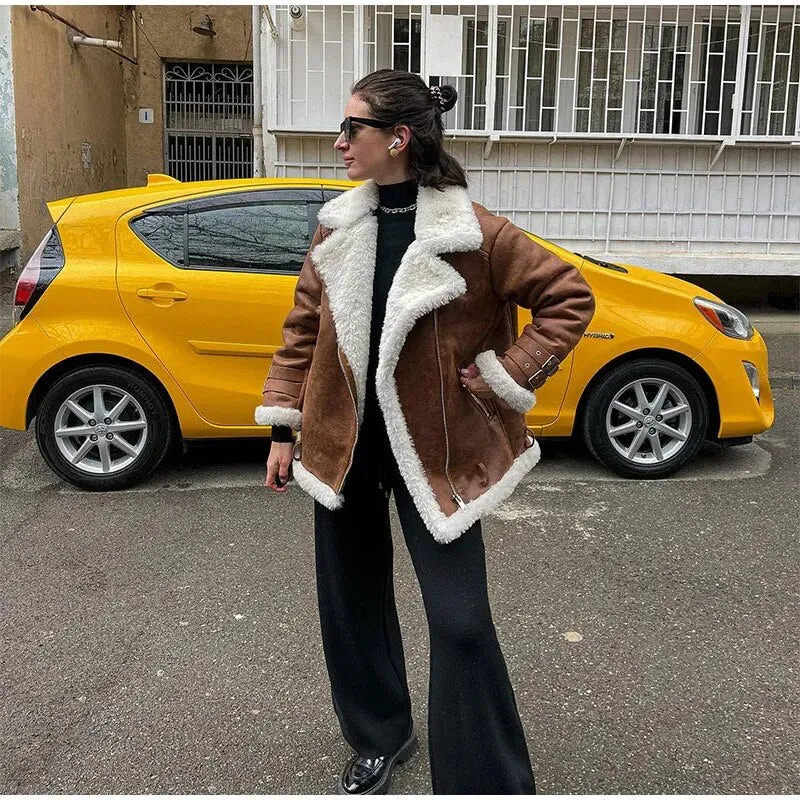 Long Sleeve Coat Faux Fur Lapel for Women With Zipper Pockets Thick Warm Jacket