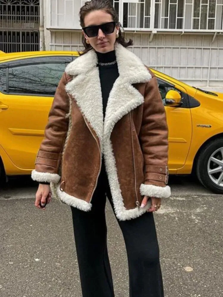 Long Sleeve Coat Faux Fur Lapel for Women With Zipper Pockets Thick Warm Jacket