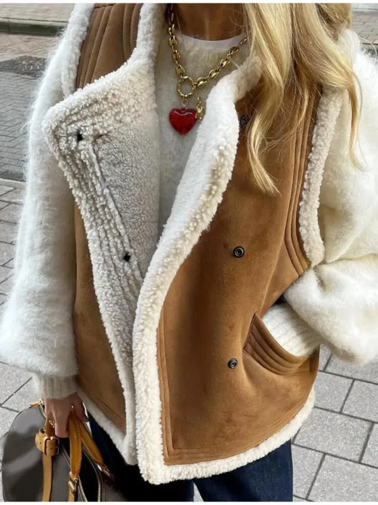 Long Sleeve Coat Faux Fur Lapel for Women With Zipper Pockets Thick Warm Jacket